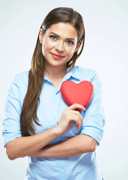 Smiling woman heart hold. White background — Stock Photo, Image