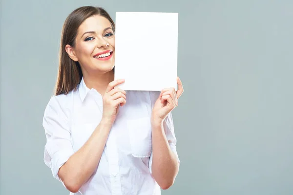 Female office worker hold white blank sign board. — Stock Photo, Image