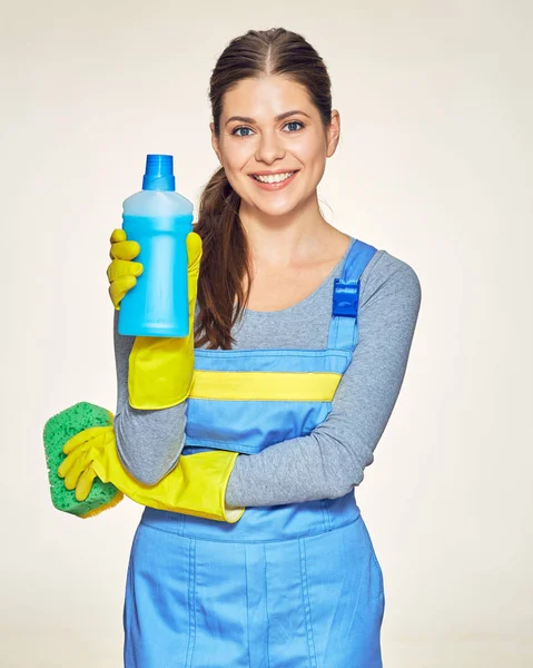 Woman holding cleaning sponge with cleaner. — Stock Photo, Image