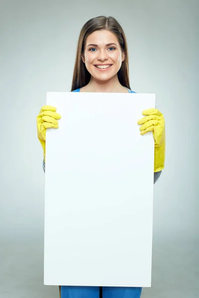 Donna costruttore in possesso di banner bianco — Foto Stock