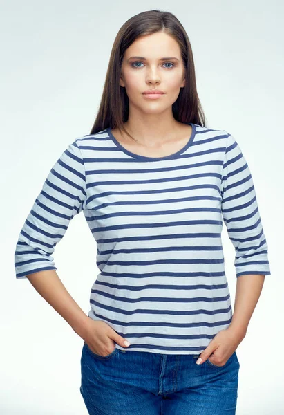 Young woman dressed in stripes shirt. — Stock Photo, Image