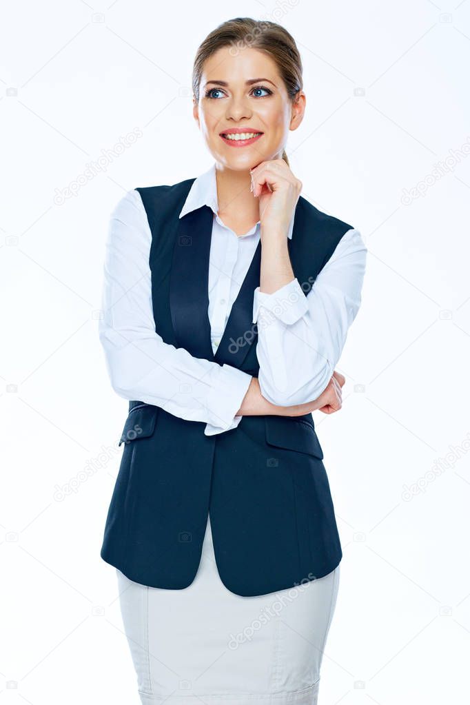 Smiling bisiness woman white shirt and vest dressed.