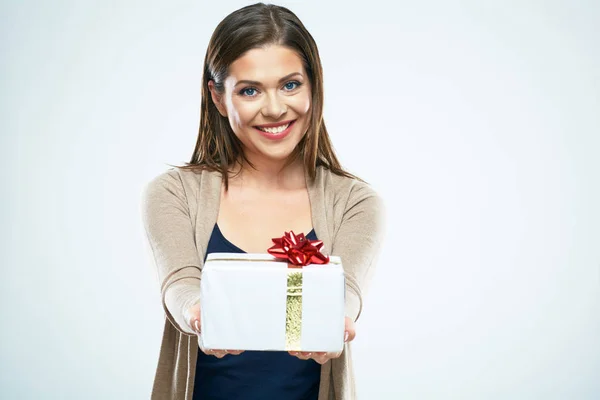 Happy woman holding white gift box — Stock Photo, Image