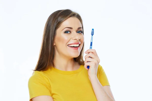 Beautiful woman holding blue toothbrush — Stock Photo, Image