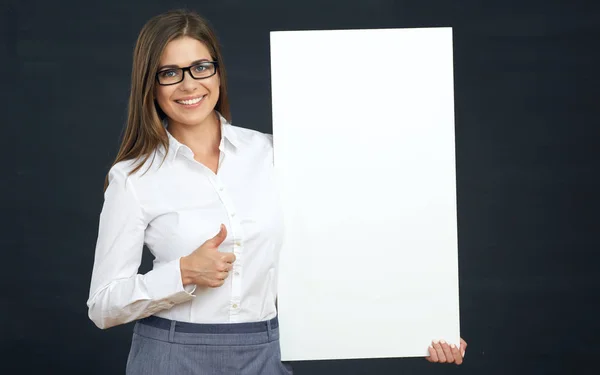 Woman with blank sign board show thumb up. — Stock Photo, Image