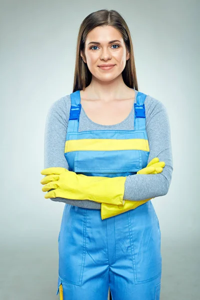 Lachende vrouw bouwer dragen van Amerikaanse overalls — Stockfoto