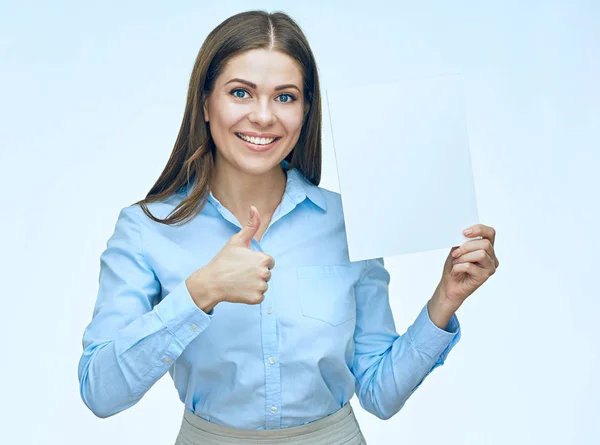 Businesswoman holding white blank banner — Stock Photo, Image
