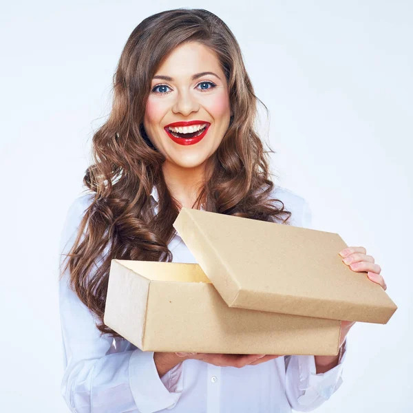 Young woman presenting  open box — Stock Photo, Image