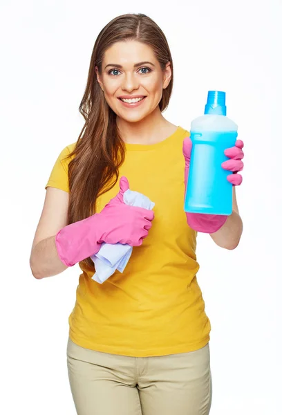 Smiling woman in pink gloves — Stock Photo, Image