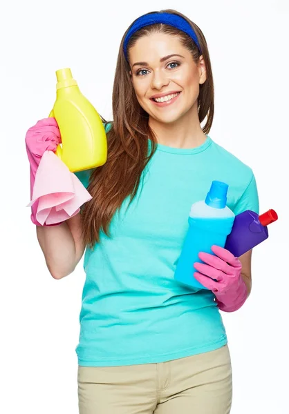 Mujer sosteniendo botellas de química para la limpieza — Foto de Stock