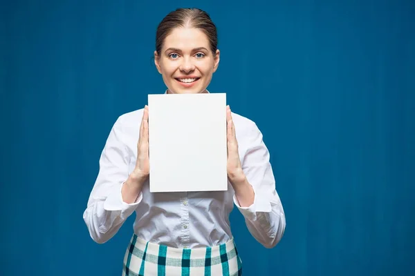 Woman wearing white shirt holding empty sign board — Stock Photo, Image