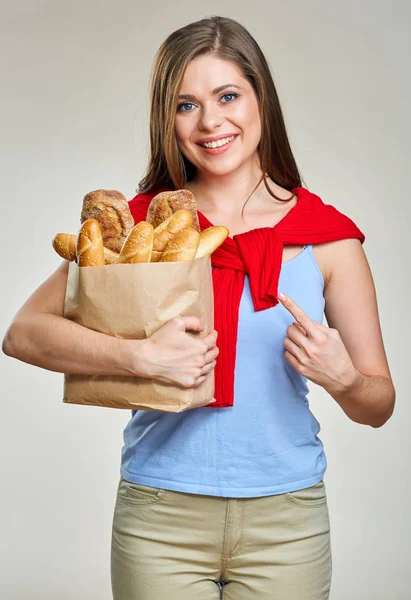 Smiling woman with bread — Stock Photo, Image