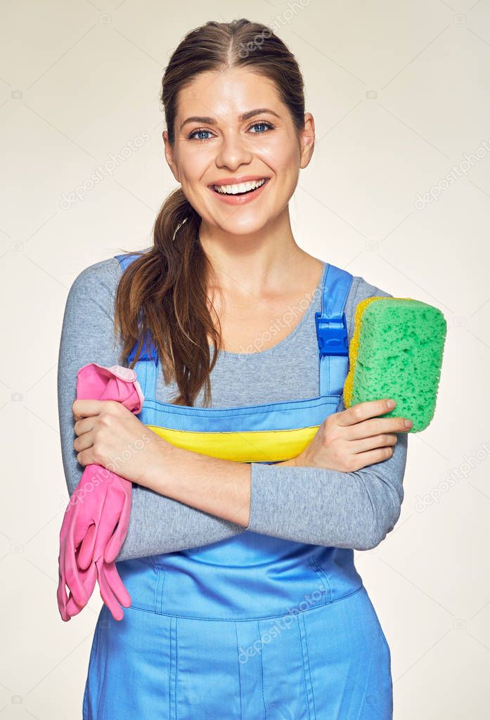 Woman cleaning company worker holding gloves for cleaning housew