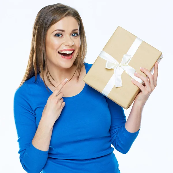 Smiling Beautiful Woman Pointing Gift Paper Box — Stock Photo, Image
