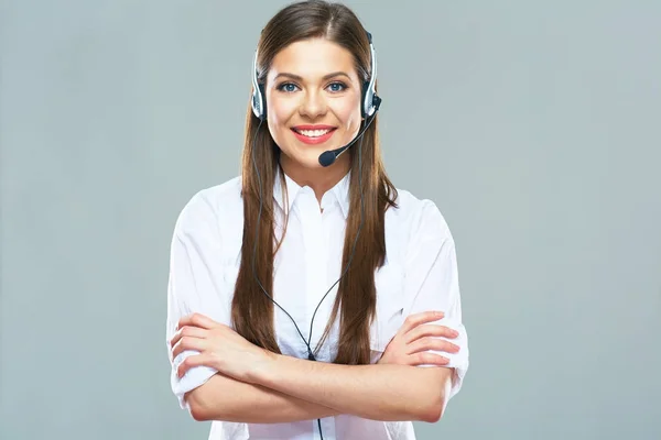 Affärskonsult Call Center Operatör Ung Kvinna Med Långt Hår Isolerade — Stockfoto