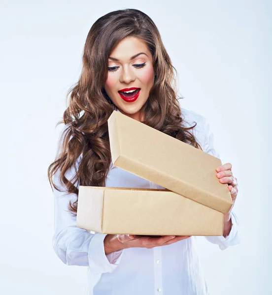 Surprising Businesswoman White Shirt Long Curly Hair Opening Gift Box — Stock Photo, Image