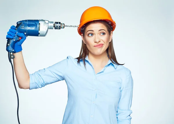 Funny businesswoman builder in helmet — Stock Photo, Image