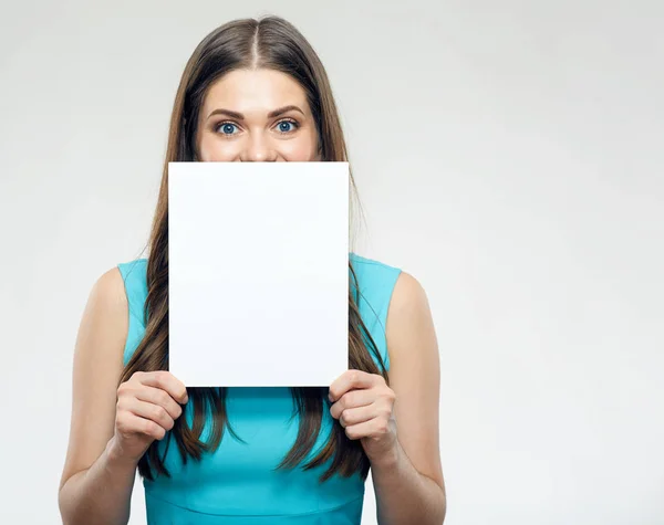 Beautiful Smiling Woman Holding Big Empty Board Isolated White Background — Stock Photo, Image