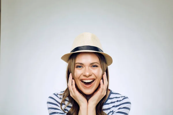 Retrato Cerca Cara Mujer Feliz Con Sombrero Aislado —  Fotos de Stock
