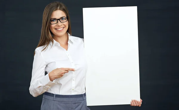 Woman pointing finger on blank board. — Stock Photo, Image
