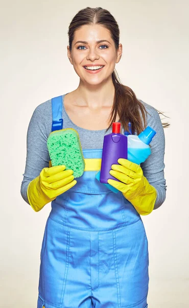 Woman Cleaning Company Worker Holding Equipment Cleaning Housework Toothy Smiling — Stock Photo, Image