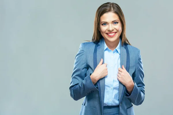 Białym Tle Portret Uśmiechający Się Biznes Woman Niebieski Garniturze Ubrany — Zdjęcie stockowe