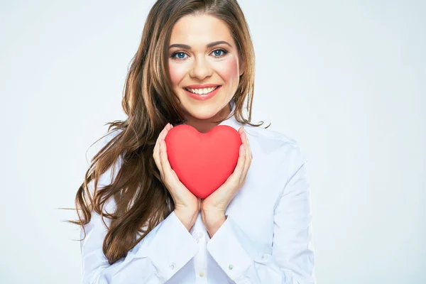 Woman holding red heart symbol — Stock Photo, Image