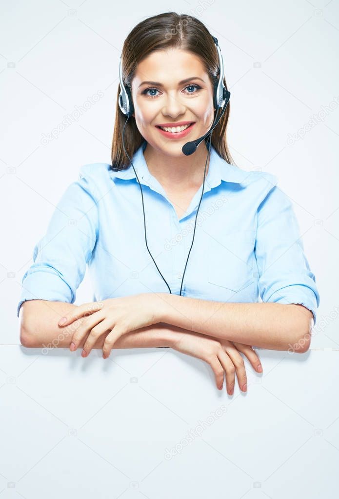 Woman operator with headset and blank sign board.