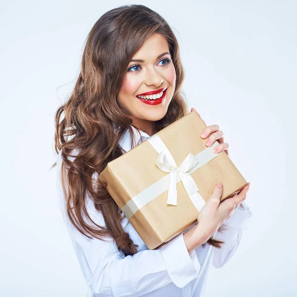 Smiling Businesswoman White Shirt Long Curly Hair Holding Gift Box — Stock Photo, Image