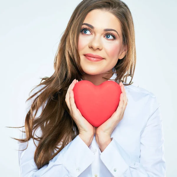 Woman holding red heart symbol — Stock Photo, Image