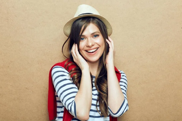 Woman Wearing Striped Shirt Hipster Hat Sitting Beige Wall Background — Stock Photo, Image