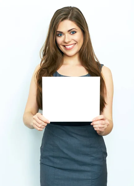 Businesswoman with white blank card — Stock Photo, Image