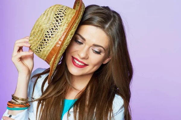 Face Portrait Young Smiling Woman Yellow Hat Looking Purple Background — Stock Photo, Image