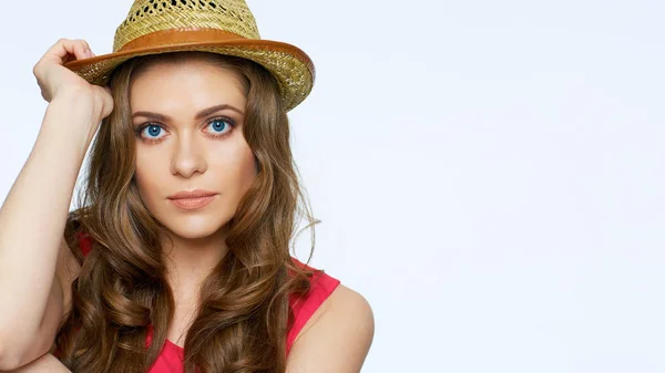 Face Portrait Young Woman Yellow Hat Looking Camera Light Background — Stock Photo, Image