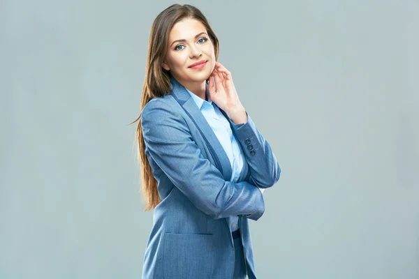 Beautiful Businesswoman Blue Business Suit Looking Camera — Stock Photo, Image