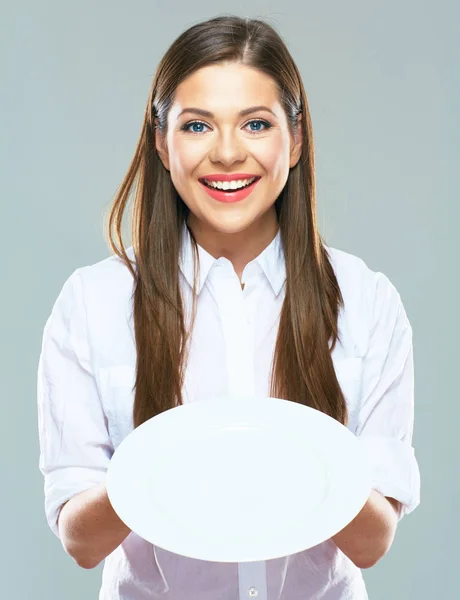 Smiling Businesswoman Holding Empty White Plate Front — Stock Photo, Image