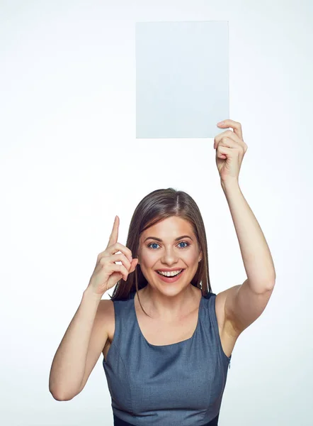 Smiling Businesswoman Holding Blank Sign Board Pointing Finger Copy Space — Stock Photo, Image