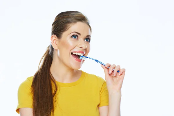 Portrait Toothy Smiling Woman Holding Toothy Brush Teeth Health Concept — Stock Photo, Image