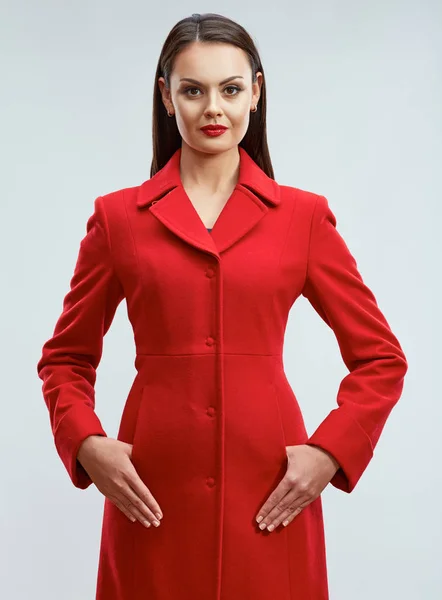 Model with black hair in red coat — Stock Photo, Image