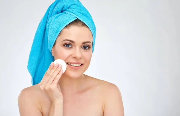 Smiling Attractive Woman Blue Towels Using Cotton Pad Skin Cleaning — Stock Photo, Image