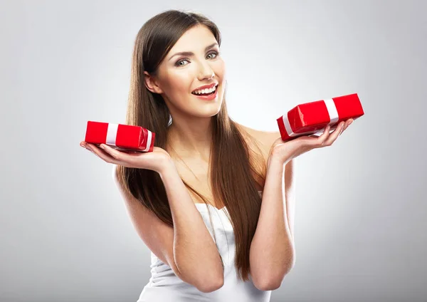 Happy woman holding red gift box. — Stock Photo, Image