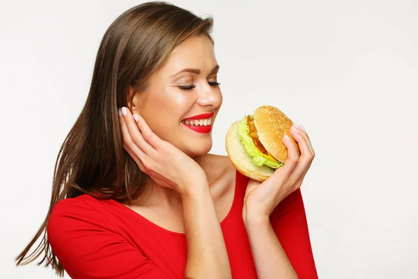 Beautiful Woman Holding Burger Isolated Background — Stock Photo, Image