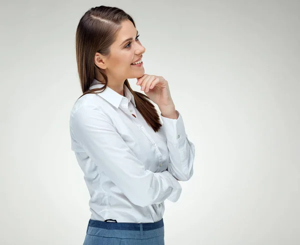 Portrait Thinking Businesswoman White Shirt Light Background — Stock Photo, Image