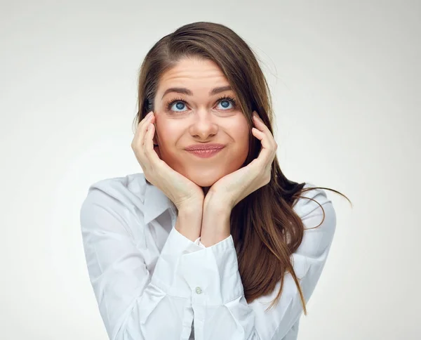 Retrato Mujer Negocios Morena Camisa Blanca Con Problemas Concepto Trastorno —  Fotos de Stock