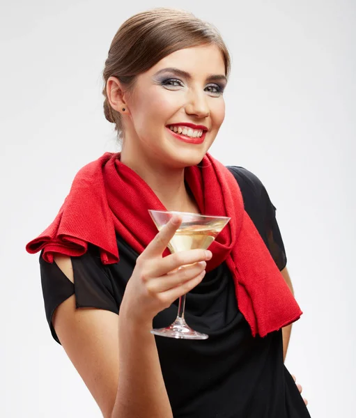 Smiling Young Woman Dressed Black Dress Red Scarf Holding Cocktail — Stock Photo, Image