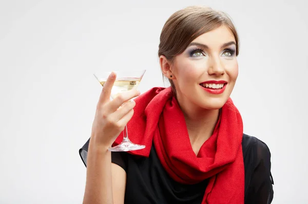 Sonriente Mujer Joven Vestido Vestido Negro Bufanda Roja Celebración Copa — Foto de Stock