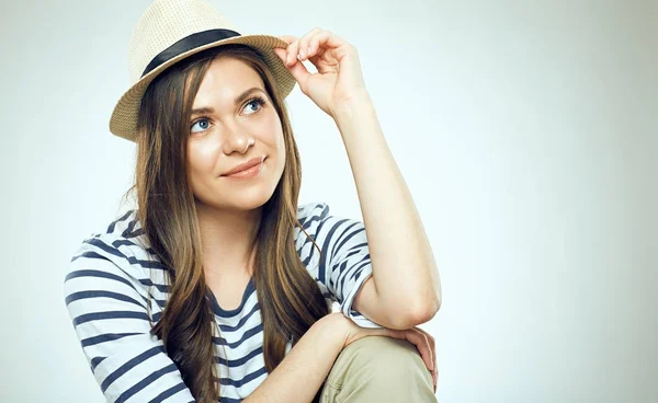 Woman Wearing Striped Shirt Hipster Hat Sitting Light Wall Background — Stock Photo, Image