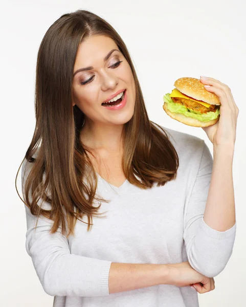 Mooie Vrouw Met Hamburger Geïsoleerd Achtergrond — Stockfoto
