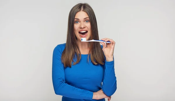 Portrait Toothy Smiling Woman Holding Toothy Brush Teeth Health Concept — Stock Photo, Image