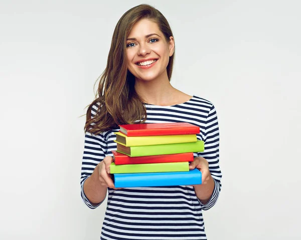 Sonriente Estudiante Mujer Sosteniendo Pila Libros Concepto Educación — Foto de Stock